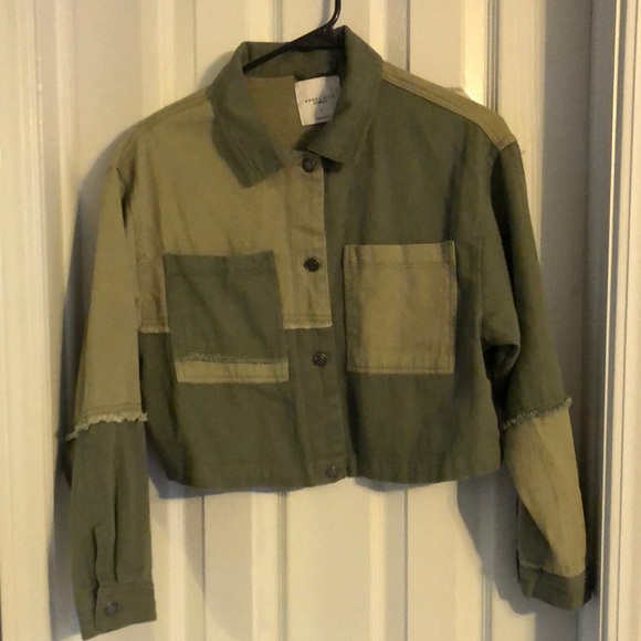Angel Kiss Jackets & Blazers - Angel Kiss Los Angeles Cropped Denim Utility Jacket in Color-block Army Green